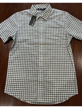 NWT Travis Mathew Surry Hills Gardenia Short Sleeve Shirt White Blue Check Sz S
